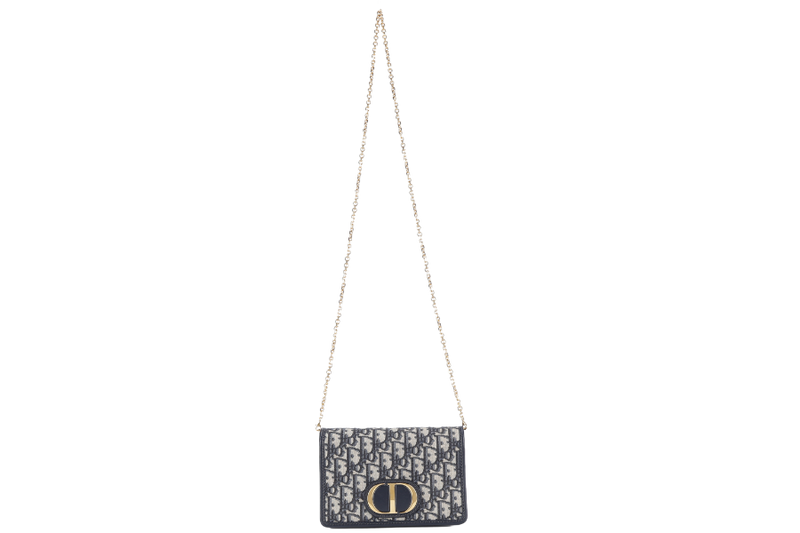 CHRISTIAN DIOR MONTAIGNE 2 IN 1/W.O.C BLUE NAVY OBLIQUE JACQUARD GOLD HARDWARE WITH CHAIN STRAPS, LEATHER STRAPS , DUST COVER AND BOX