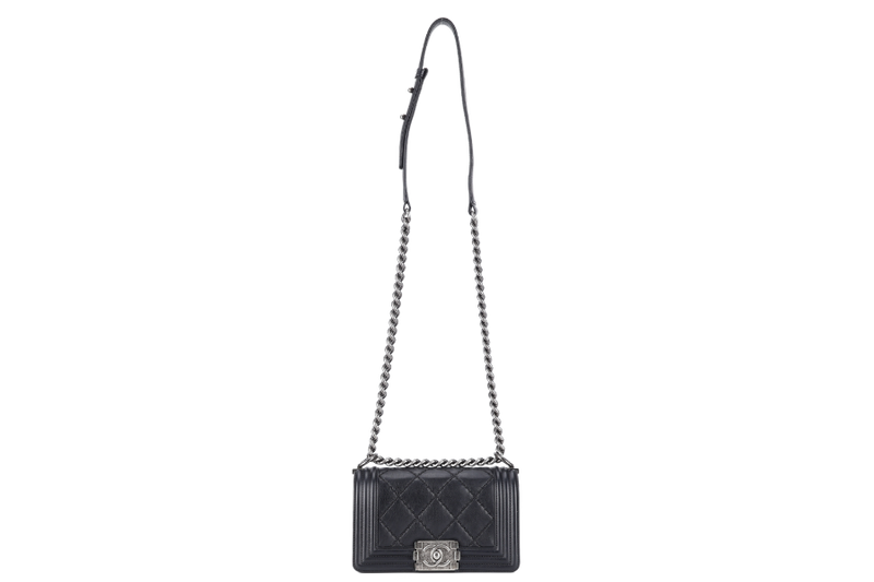 CHANEL LEBOY MINI BLACK CALF LEATHER RUTHENIUM CHAIN (1875xxxx) WITH DUST COVER AND CARD