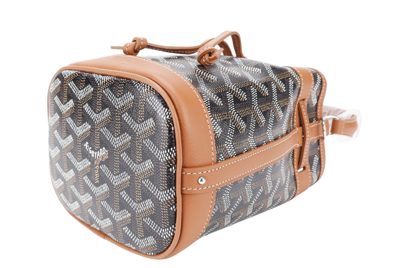 GOYARD PETIT FLOT MINI BUCKET BLACK AND TAN SILVER HARDWARE WITH STRAPS AND DUST COVER