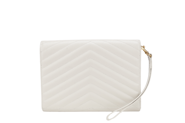 YVES SAINT LAURENT (YSL) CASSANDRE MATELASSE FLAP CLUTCH IN GRAIN DE POUDRE WHITE LEATHER GOLD HARDWARE WITH DUST COVER AND BOX