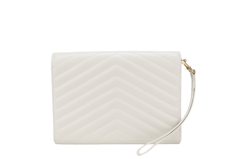YVES SAINT LAURENT (YSL) CASSANDRE MATELASSE FLAP CLUTCH IN GRAIN DE POUDRE WHITE LEATHER GOLD HARDWARE WITH DUST COVER AND BOX