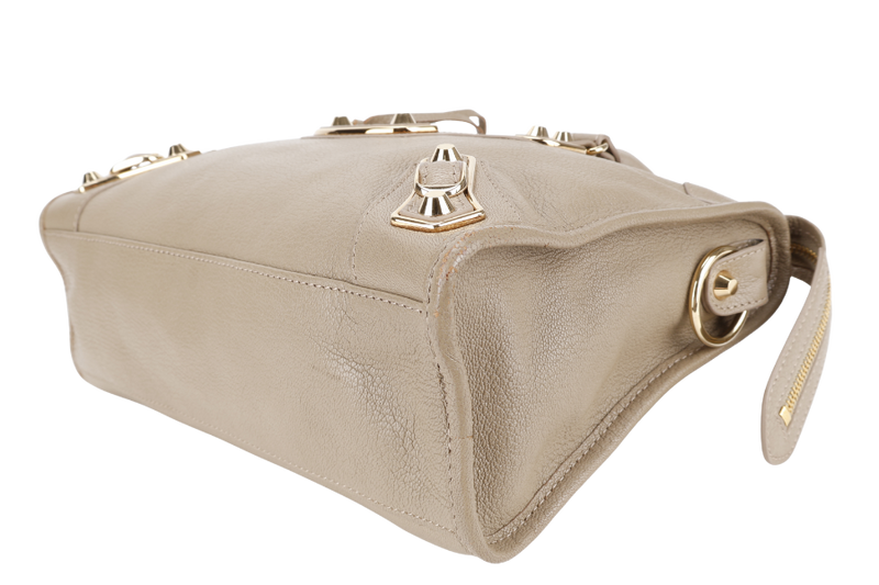 BALENCIAGA SMALL METALLIC EDGE CLASSIC CITY TOTE BEIGE CALFSKIN LEATHER GOLD HARDWARE WITH DUST COVER, STRAPS AND MIRROR