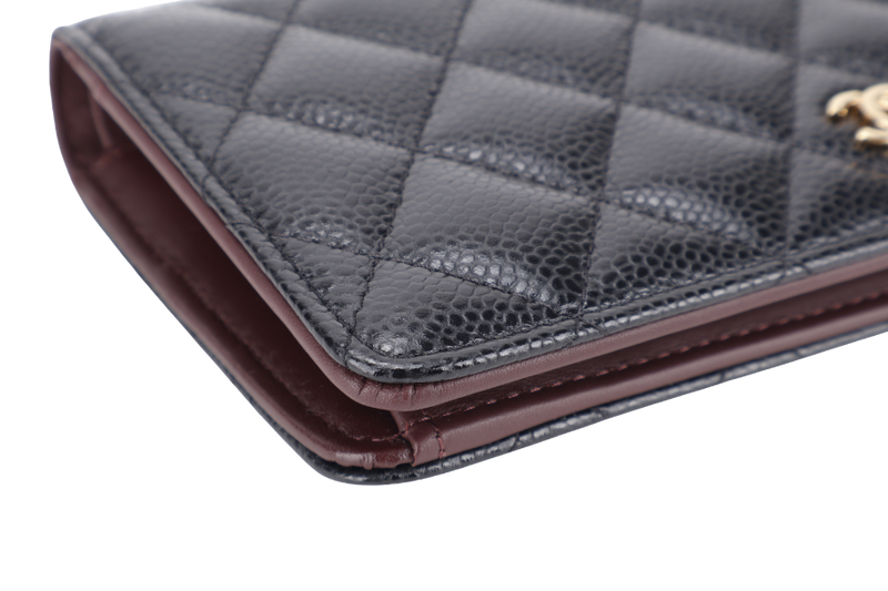CHANEL BLACK QUILTED CAVIAR LEATHER L YEN CONTINENTAL WALLET (2446xxxx) GOLD HARDWARE WITH CARD NO DUST COVER