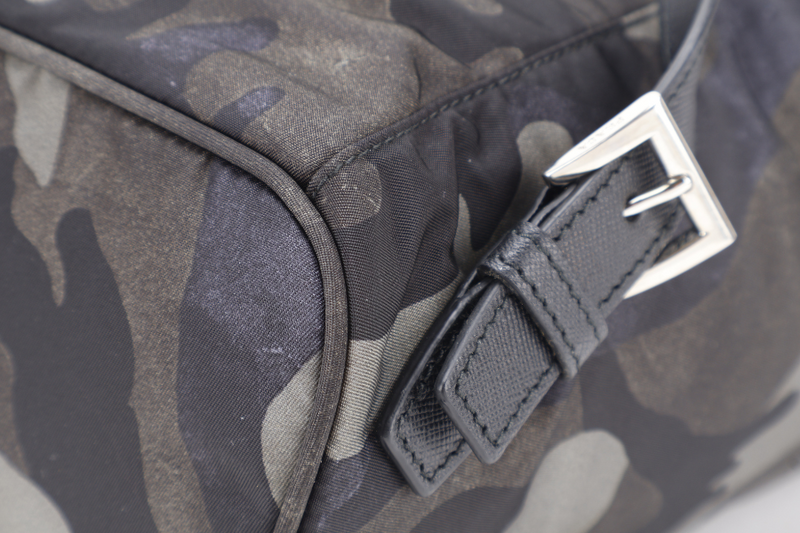 PRADA BZ0032 TESSUTO CAMOUFLAGE PATTERN GREEN BACKPACK WITH SILVER HARDWARE WITH CARD, NO DUST COVER