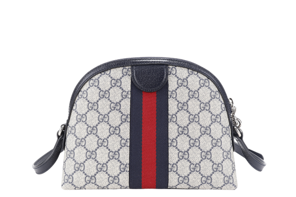 GUCCI OPHIDIA CROSS BODY BAG SMALL BLUE GG MONOGRAM CANVAS SILVER HARDWARE WITH DUST COVER AND BOX