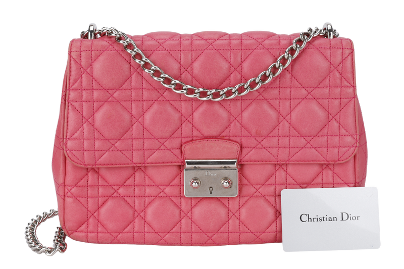 CHRISTIAN DIOR MISS DIOR FLAP CANNAGE BAG MEDIUM FUCHSIA LAMBSKIN SILVER HARDWARE NO DUST COVER