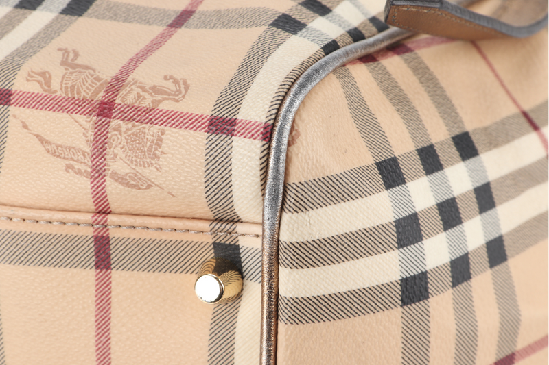 BURBERRY HAYMARKET CHECK TOTE BEIGE LEATHER GOLD HARDWARE WITH DUST COVER