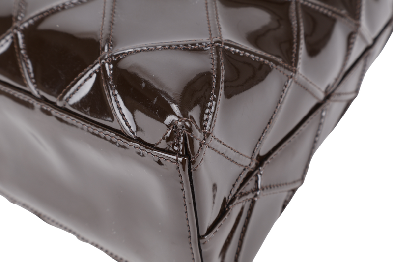 CHANEL DARK BROWN PATENT QUILTED SHOULDER BAG RUTHENIUM HARDWARE (616xxxx) WITH CARD AND BOX