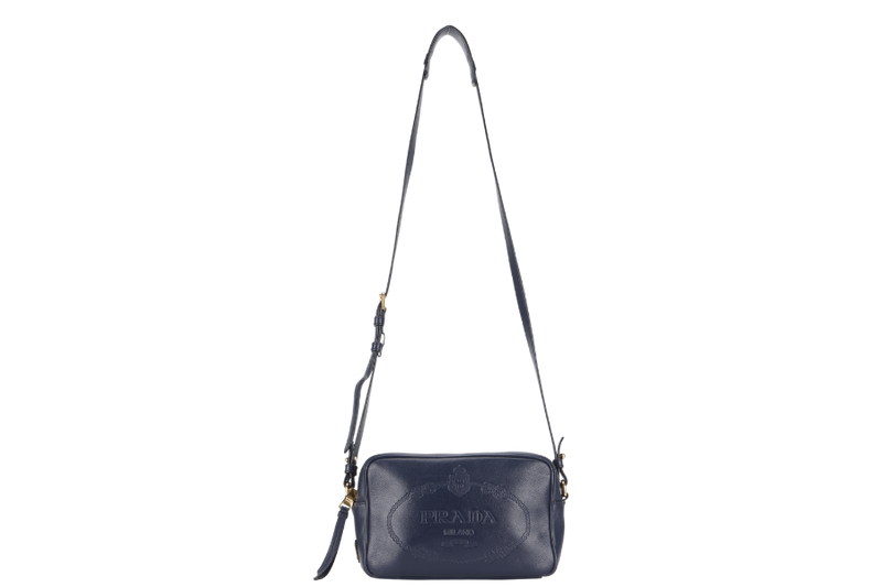 PRADA CAMERA CROSSBODY BAG (1BH089) NAVY BLUE GLACE CALF LEATHER GOLD HARDWARE WITH DUST COVER AND CARD