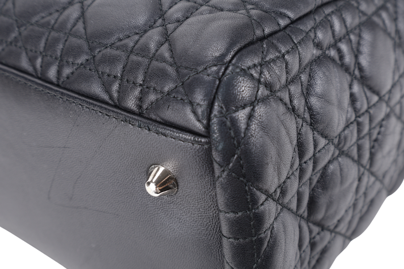 CHRISTIAN DIOR CANNAGE SHOPPING TOTE LARGE BLACK LAMBSKIN SILVER HARDWARE WITH DUST COVER