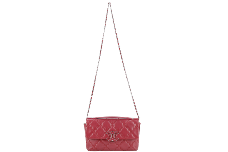 CHANEL HAMPTONS WILD STITCH DARK RED LEATHER FLAP BAG SILVER HARDWARE (1783xxxx) WITH CARD, DUST COVER AND BOX