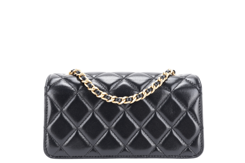 CHANEL QUILTED FLAP CLUTCH BAG SHINY BLACK LAMBSKIN GOLD HARDWARE (E210xxxx) WITH DUST COVER, BOX AND PAPER BAG