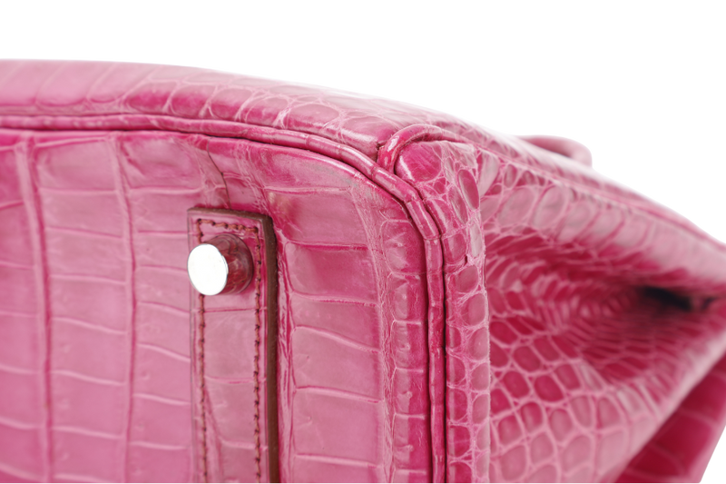 HERMES BIRKIN 35 STAMP N SQUARE (YEAR 2010) ROSE SCHEHERAZADE POROSUS CROC SKIN SILVER HARDWARE WITH KEYS&LOCK, RAINCOAT, DUST COVER & BOX