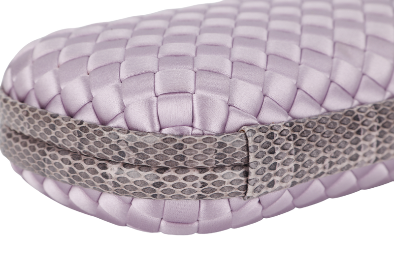 BOTTEGA VENETA KNOT CLUTCH MEDIUM LILAC SATIN BLACK HARDWARE WITH DUST COVER