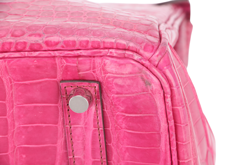 HERMES BIRKIN 35 SHINY POROSUS ROSE TYRIEN SILVER HARDWARE STAMP UNCLEAR WITH KEYS, LOCK, RAINCOAT AND DUST COVER