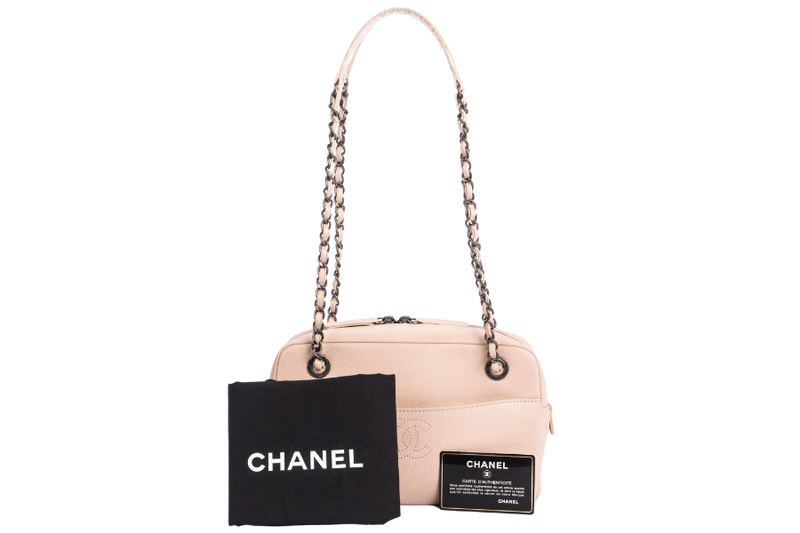 Chanel Light Beige Caviar Leather Camera Bag Ruthenium Chain
