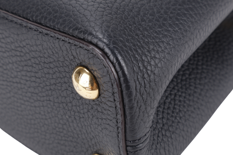 LOUIS VUITTON CAPUCINES BB BLACK CALFSKIN LEATHER GOLD HARDWARE WITH LEATHER STRAPS AND DUST COVER
