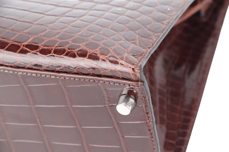 HERMES KELLY 32 SELLIER DARK BROWN SHINY NILOTICUS SILVER HARDWARE STAMP P (YEAR 2012) WITH KEYS, LOCK, STRAPS, RAINCOAT WITH DUST COVER