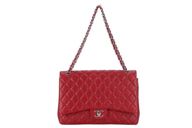 CHANEL CLASSIC FLAP MAXI (1442xxxx) RED CAVIAR LEATHER SILVER HARDWARE WITH CARD