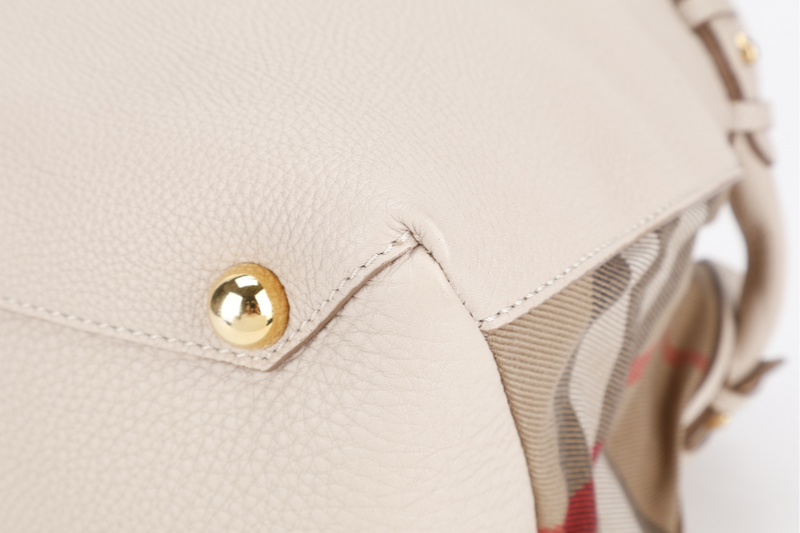 BURBERRY BEIGE BANNER HOUSE CHECK DERBY TOTE CALF LEATHER GOLD HARDWARE WITH STRAPS AND DUST COVER