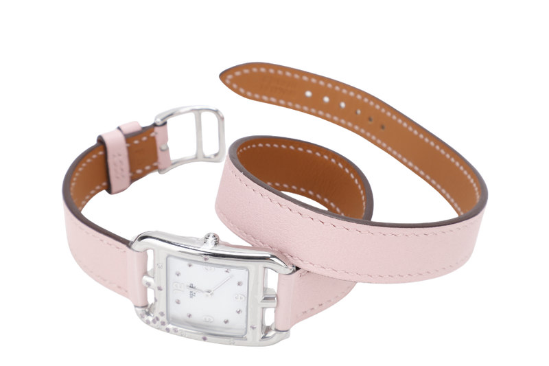 HERMES CAPE COD CC1.233 MOP DIAL DIAMOND , SAPPHIRE SETTINGS PINK LEATHER DOUBLE TOUR BRACELET , QUARTZ S-N 3437330, DATED 2020 W-BOX & CERT