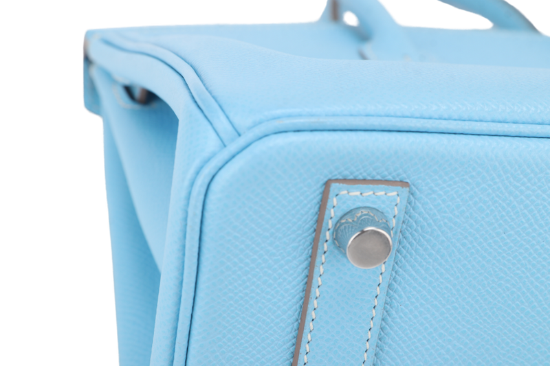 HERMES BIRKIN 25 BLUE CELESTE, BLUE THALASSA EPSOM LEATHER SILVER HARDWARE STAMP O (YEAR 2011) NO KEYS, NO LOCK WITH DUST COVER