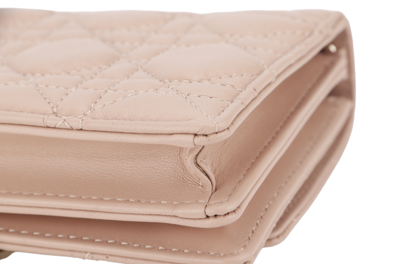 CHRISTIAN DIOR CHAIN TOP HANDLE LADY DIOR WOC MINI CARAMEL BEIGE LAMBSKIN GOLD HARDWARE WITH STRAPS, CARD, DUST COVER AND BOX