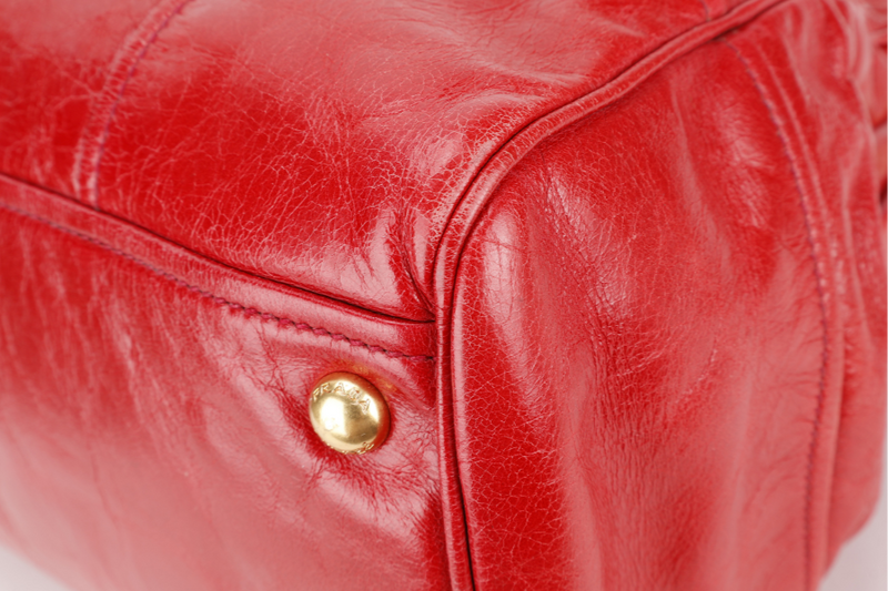 PRADA BR2324 VITELLO SHINE RED MEDIUM SATCHEL LEATHER 2WAYS BAG GOLD HARDWARE WITH CARD AND STRAPS
