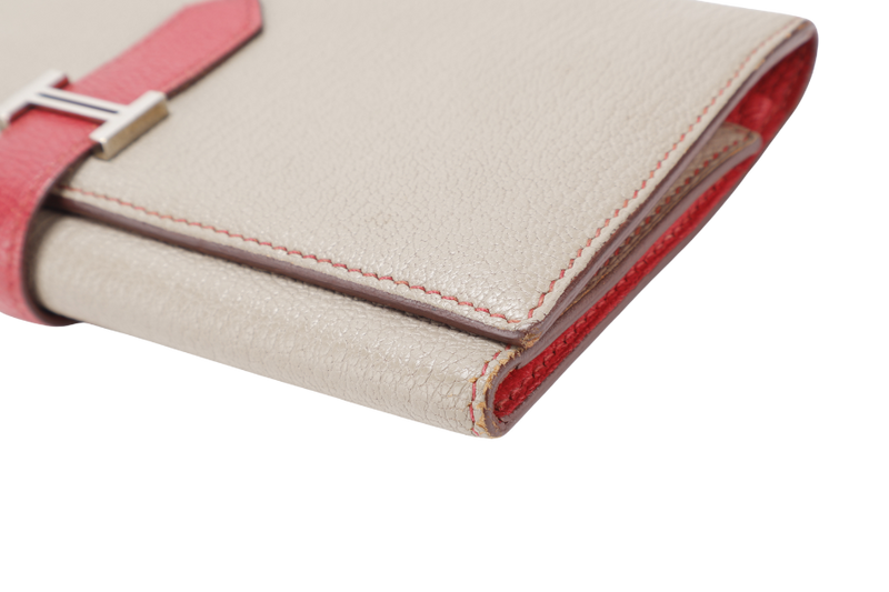 HERMES BEARN WALLET KHAKI BICOLOR CHEVRE MYSORE SILVER HARDWARE STAMP N SQUARE (YEAR 2010) NO DUST COVER
