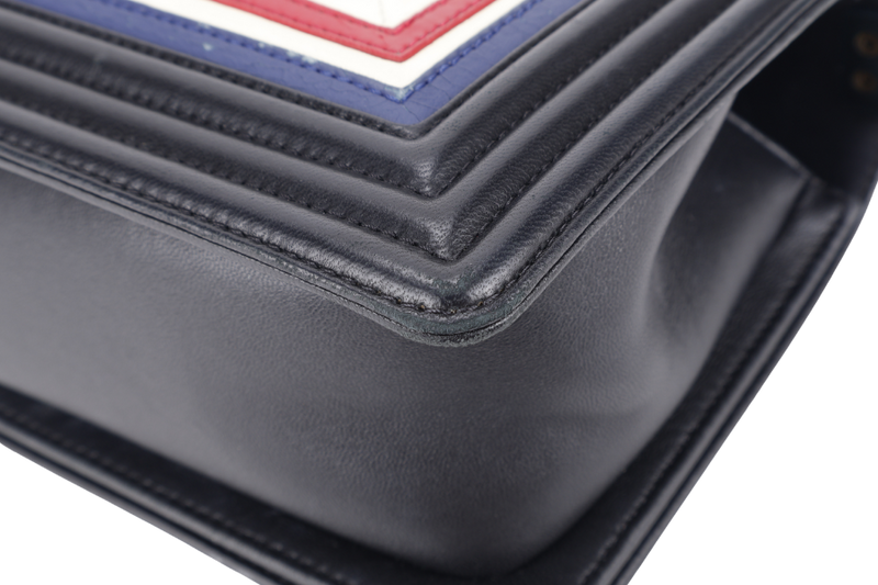 CHANEL LEBOY (2191xxxx) CREST BLACK, RED, WHITE & BLUE LAMBSKIN LEATHER GOLD HARDWARE WITH BOX
