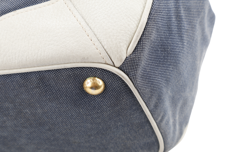 PRADA BLUE DENIM TOTE BAG WHITE LEATHER GOLD HARDWARE NO DUST COVER