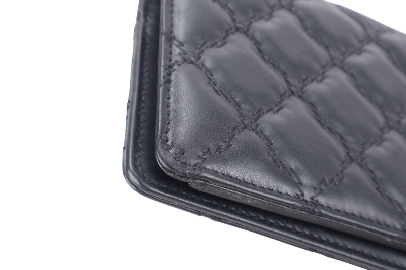 CHANEL QUILTED WALLET (2005xxxx) BLACK LAMBSKIN LEATHER SILVER HARDWARE WITH CARD AND DUST COVER