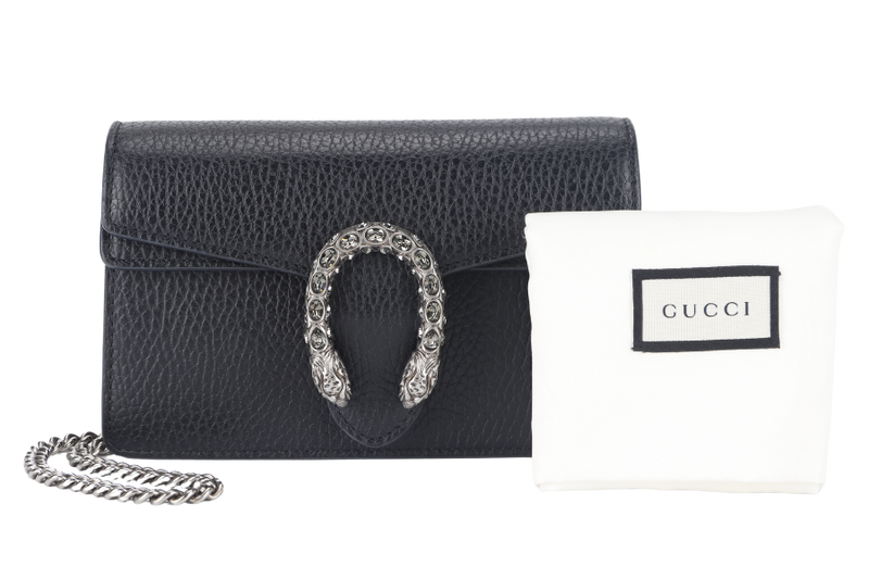 GUCCI DIONYSUS SUPER MINI SHOULDER BAG (476432 0959) BLACK LEATHER SILVER HARDWARE WITH DUST COVER