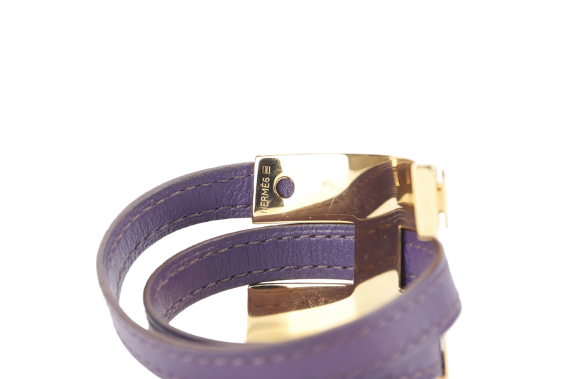 HERMES POUSSE-POUSSE BRACELET IRIS PURPLE SWIFT LEATHER STAMP Q SQUARE (YEAR 2013) GOLD HARDWARE WITH DUST COVER AND BOX
