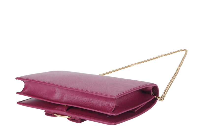 SALVATORE FERRAGAMO MISS VARA BOW CROSSBODY WALLET ON CHAIN (KM22B850) DARK PINK LEATHER GOLD HARDWARE WITH BOX