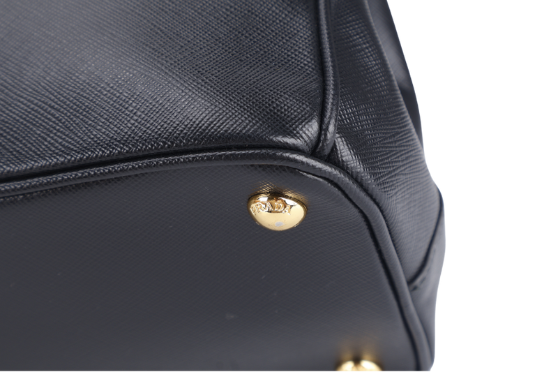 PRADA BN1801 DOUBLE ZIP SATCHEL BAG BLACK SAFFIANO LEATHER GOLD HARDWARE WITH STRAPS, CARD AND DUST COVER