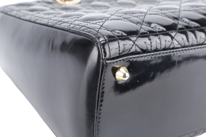 CHRISTIAN DIOR LADY DIOR LARGE BLACK PATENT LEATHER GOLD HARDWARE (17-BO-1009) WITH CARD NO DUST COVER