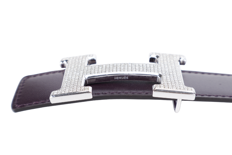 HERMES H BELT DIAMOND STUDDED SILVER HARDWARE BUCKLE WITH 90-95CM REVERSIBLE BELT WITH BOX
