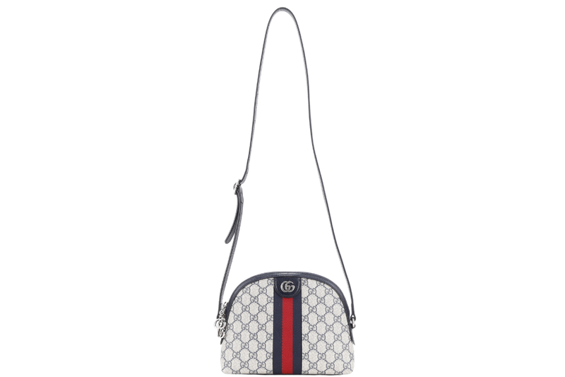 GUCCI OPHIDIA CROSS BODY BAG SMALL BLUE GG MONOGRAM CANVAS SILVER HARDWARE WITH DUST COVER AND BOX