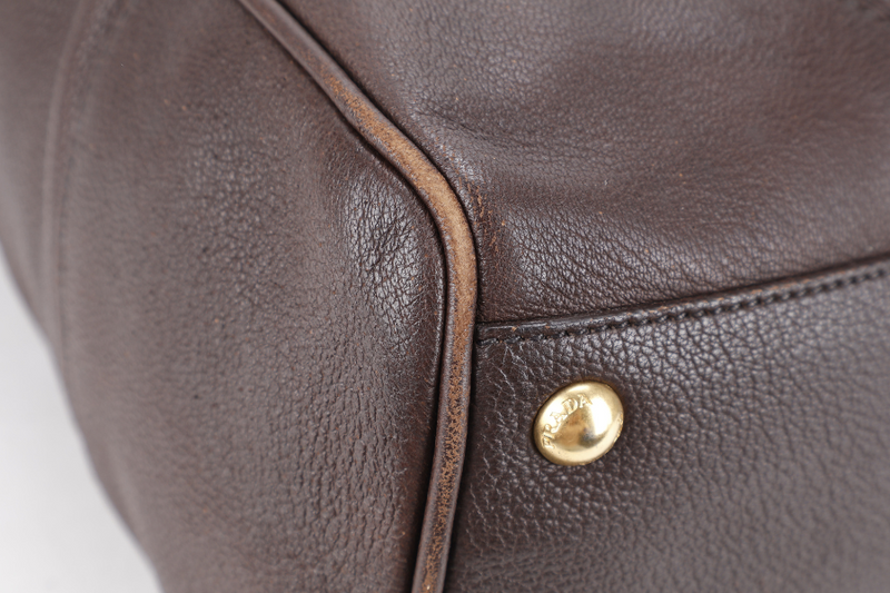PRADA DARK BROWN DEERSKIN VERTICAL SHOULDER TOTE GOLD HARDWARE NO DUST COVER