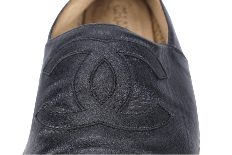 CHANEL ESPADRILLES SHOES BLACK LEATHER SIZE 38 WITH DUST COVER