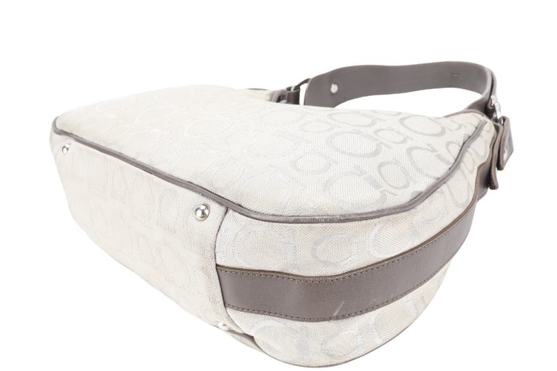 SALVATORE FERRAGAMO GANCINI GREY CANVAS WITH BROWN LEATHER LINING SILVER HARDWARE WITH DUST COVER