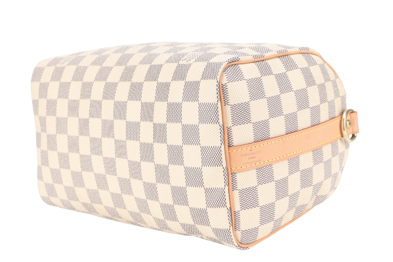 LOUIS VUITTON SPEEDY BANDOULIERE 25 DAMIER AZUR MONOGRAM COATED CANVAS GOLD HARDWARE WITH DUST COVER