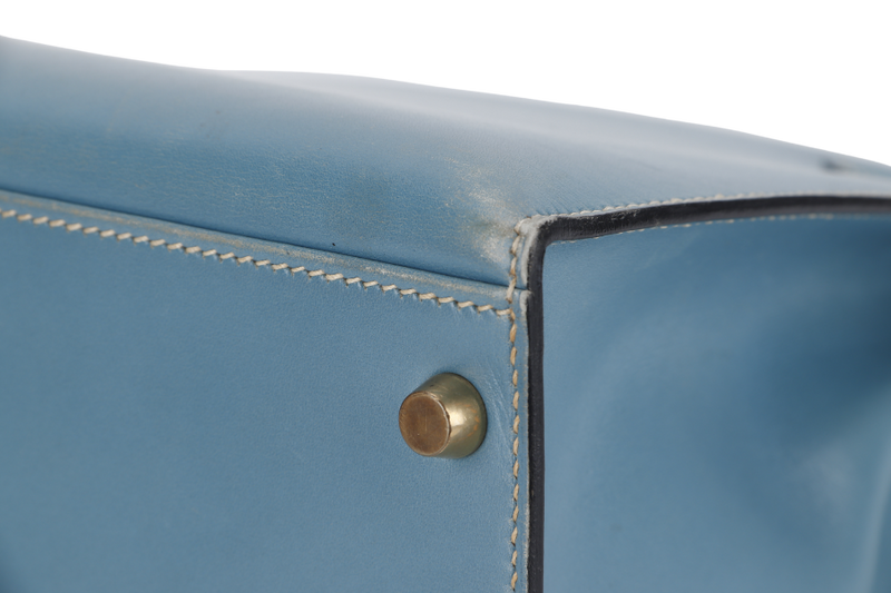 HERMES KELLY 32 STAMP A (YEAR 1997) BLUE JEAN BOX LEATHER GOLD HARDWARE WITH DUST COVER, STRAP , KEYS AND LOCK