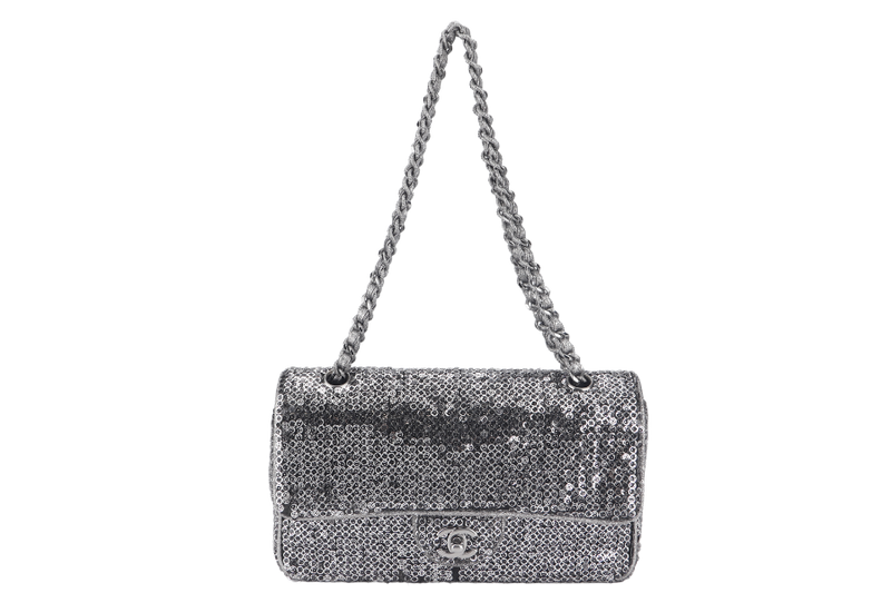 CHANEL FLAP (1164xxxx) SILVER SEQUINS SILVER HARDWARE WITH DUST COVER