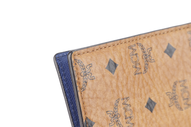 MCM AREN BI FOLD WALLET BROWN-BLUE LEATHER SILVER HARDWARE WITH DUST COVER AND BOX