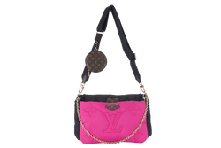 LOUIS VUITTON MAXI MULTI POCHETTE (M58980) BLACK AND FUCHSIA NYLON PILLOW MONOGRAM WITH GOLD CHAIN , STRAP WITH DUST COVER