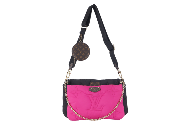 LOUIS VUITTON MAXI MULTI POCHETTE (M58980) BLACK AND FUCHSIA NYLON PILLOW MONOGRAM WITH GOLD CHAIN , STRAP WITH DUST COVER