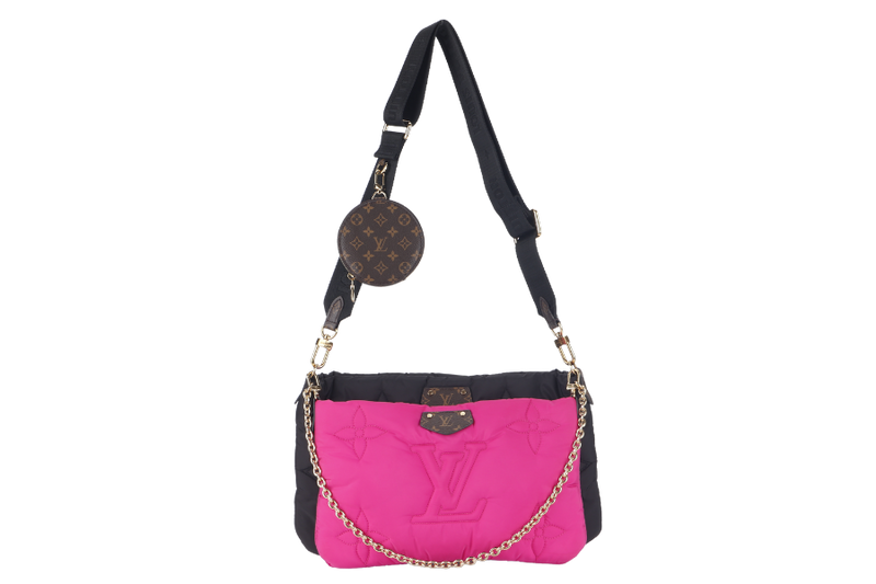 LOUIS VUITTON MAXI MULTI POCHETTE (M58980) BLACK AND FUCHSIA NYLON PILLOW MONOGRAM WITH GOLD CHAIN , STRAP WITH DUST COVER