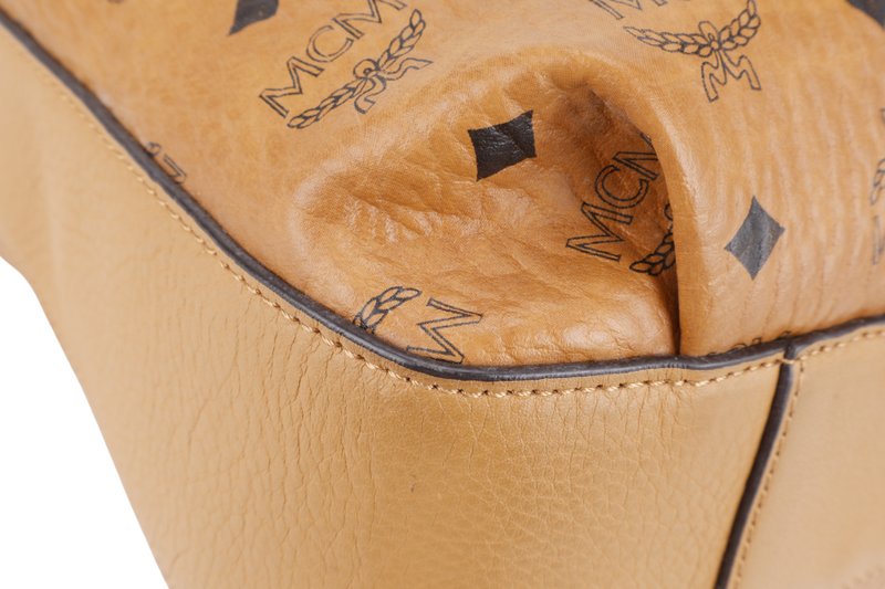 MCM VISETOS TWO WAY BAG BROWN CALFSKIN LEATHER GOLD HARDWARE WITH STRAPS, DUST COVER AND CARD